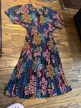 Johnny Was Black Midi Dress with Pink, Orange, Blue and Purple Floral Print